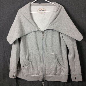Thumb! Funnel Neck Hoodie Womens XL Gray Full Zip Y2K Grunge Raw Seam Thumbholes